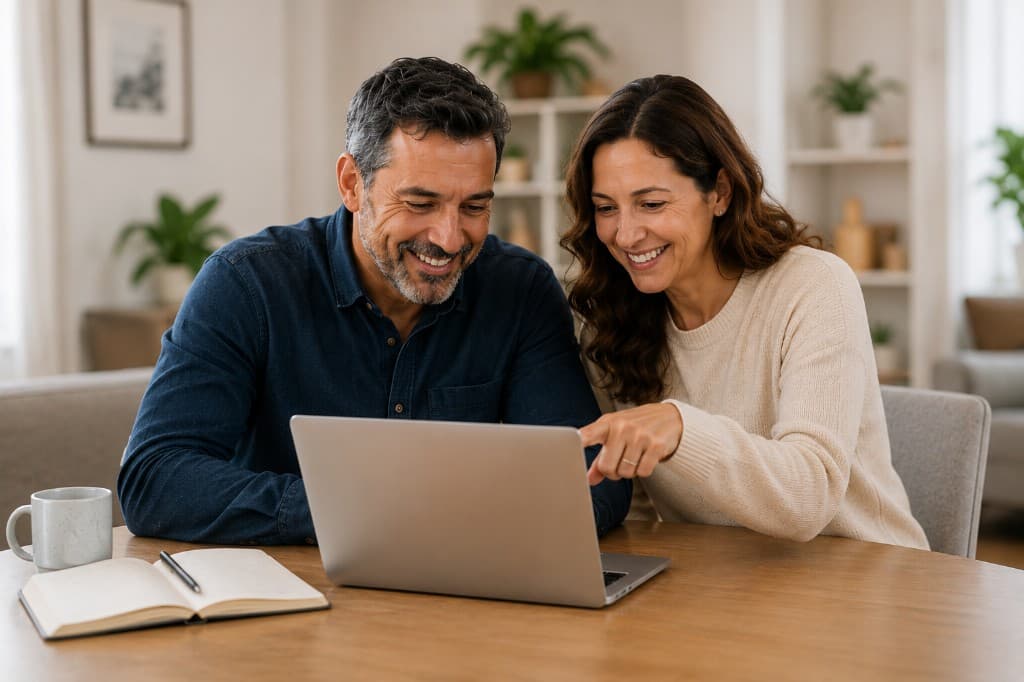 Two parents reviewing university plans together on a laptop