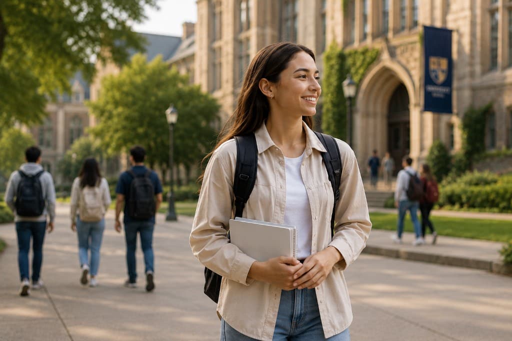 A university student walking across campus